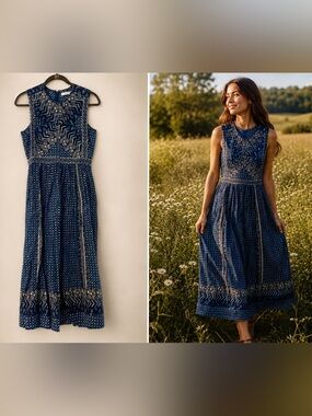 DÔEN Tulsi Dress Dark Navy Combo Block Print Sleeveless Midi Cotton
